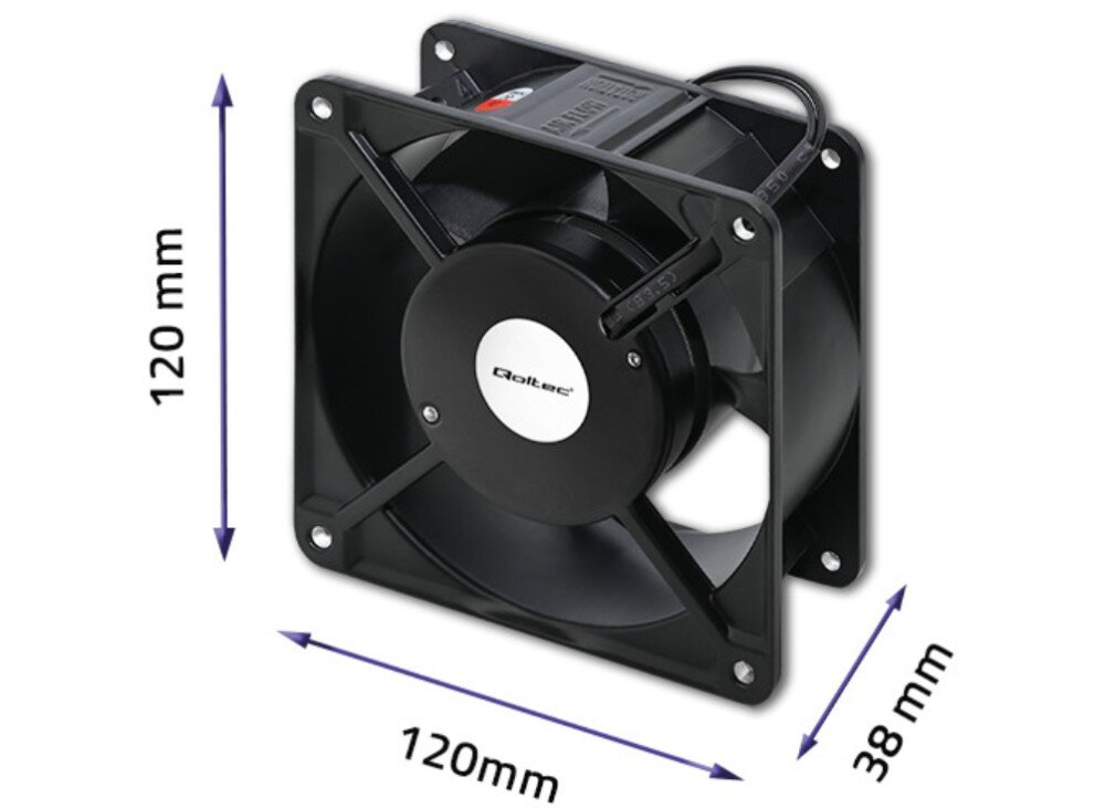 Wentylator do szaf RACK QOLTEC 54506 Na trzecim zdjęciu pokazano wentylator w lekkim skosie z zaznaczonymi wymiarami 120 mm na 120 mm oraz głębokością 38 mm, zastosowanie
