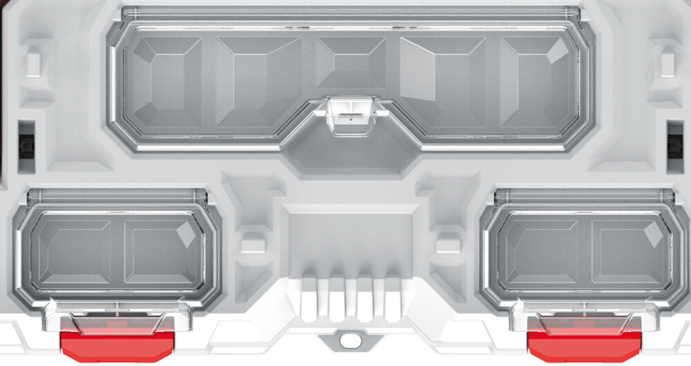 Skrzynka narzędziowa KISTENBERG Titan Plus KTIP5530 zbliżenie na organizery widok z góry trzy oddzielne organizery zamykane przezroczystą pokrywą z wytrzymałego poliwęglanu transparentna pokrywa oszczędność czasu unikanie chaosu w miejscu pracy