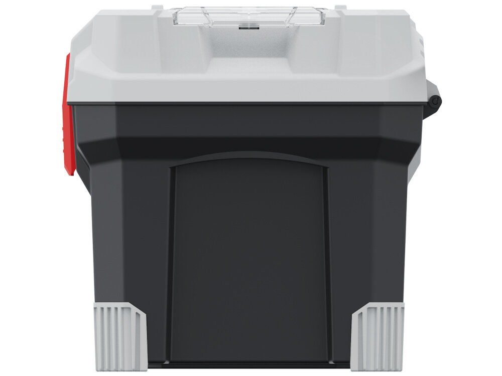 Skrzynka narzędziowa KISTENBERG Titan Plus KTIP5530 skrzynia na białym tle widoczna z boku korpus z wytrzymałej mieszanki polimerów narożniki wzmocniono elastomerem odporność na uderzenia i zużycie mocne zapięcia z ABS stabilnie zamykają skrzynkę zabezpieczają zawartość w transporcie