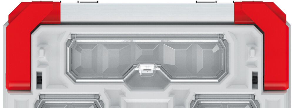 Skrzynka narzędziowa KISTENBERG Titan Plus KTIP5530 zbliżenie na uchwyt widok z góry długi aluminiowy uchwyt udźwig do 20 kg ergonomiczny kształt waga 2,6 kg wymiary 554 x 286 x 276 mm