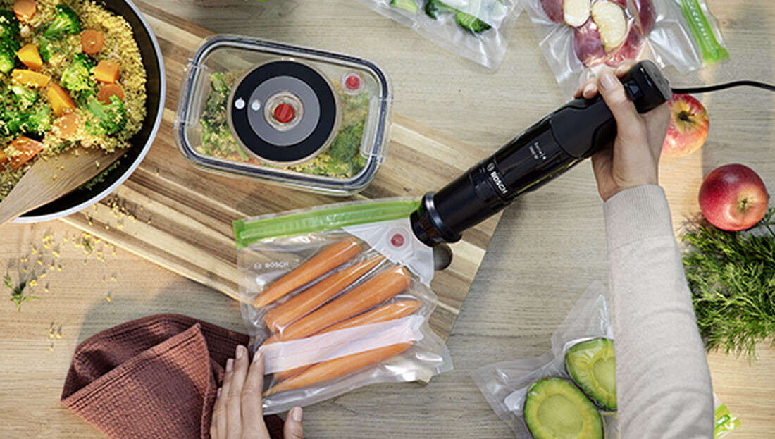 Blender BOSCH ErgoMaster MSM4B6V2 pakowanie próżniowe świeżość produkty pompka próżniowa szklany pojemnik przechowywanie świeżość jakość trwałość