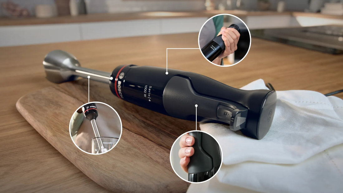 Blender BOSCH ErgoMaster MSM4B622 Blokada bezpieczeństwa Mechanizm odblokowujący łatwy w użyciu