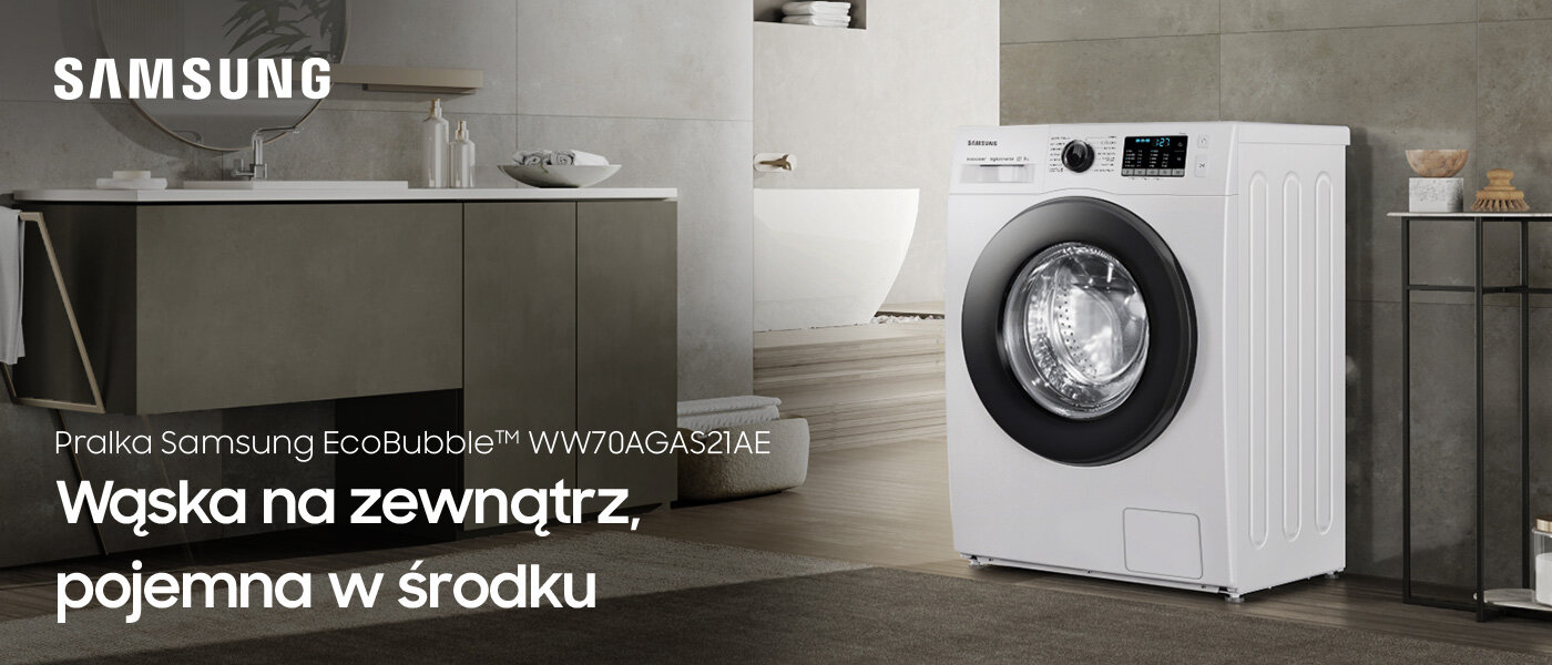 Biała pralka Slim EcoBubble Samsung WW70AGAS21AE Biała pralka Slim EcoBubble Samsung WW70AGAS21AE w eleganckiej łazience