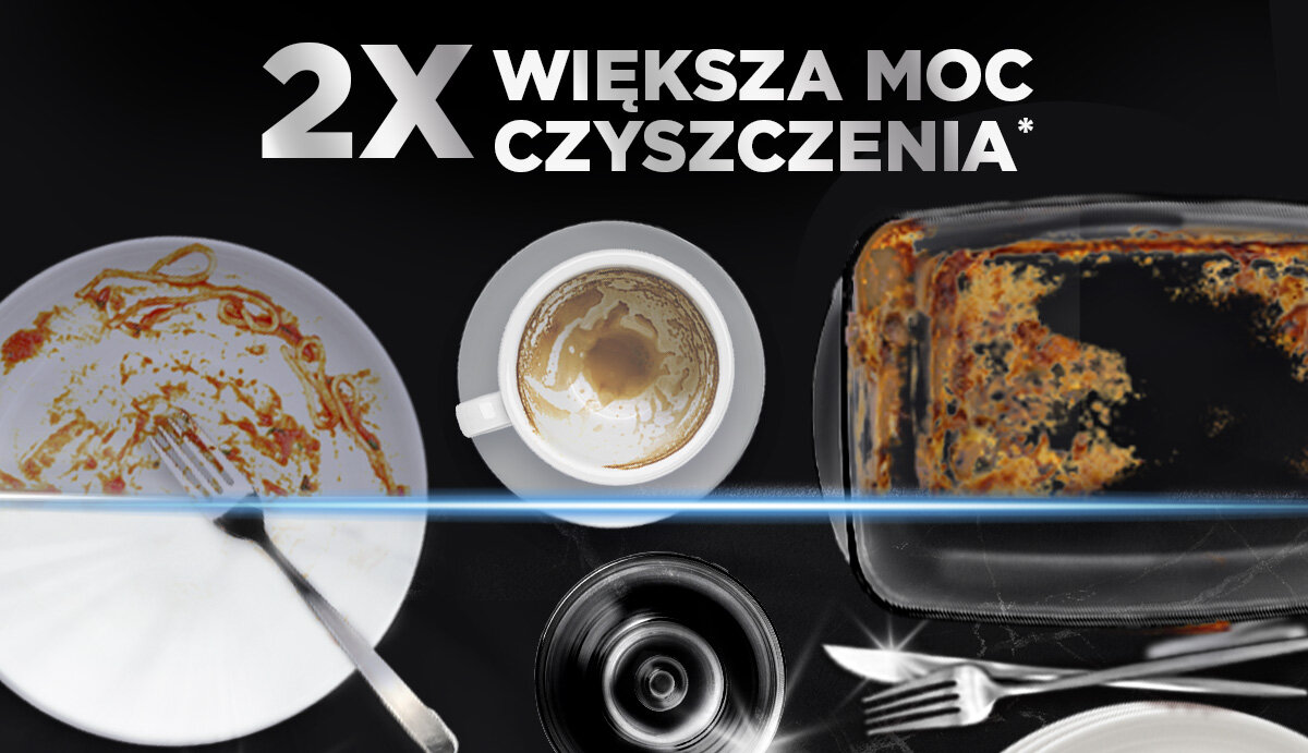 Kapsułki do zmywarek FINISH Powerball Ulimate All in 1 brudne naczynia na połowie zdjęcia na drugiej połowie czyste i lśniące