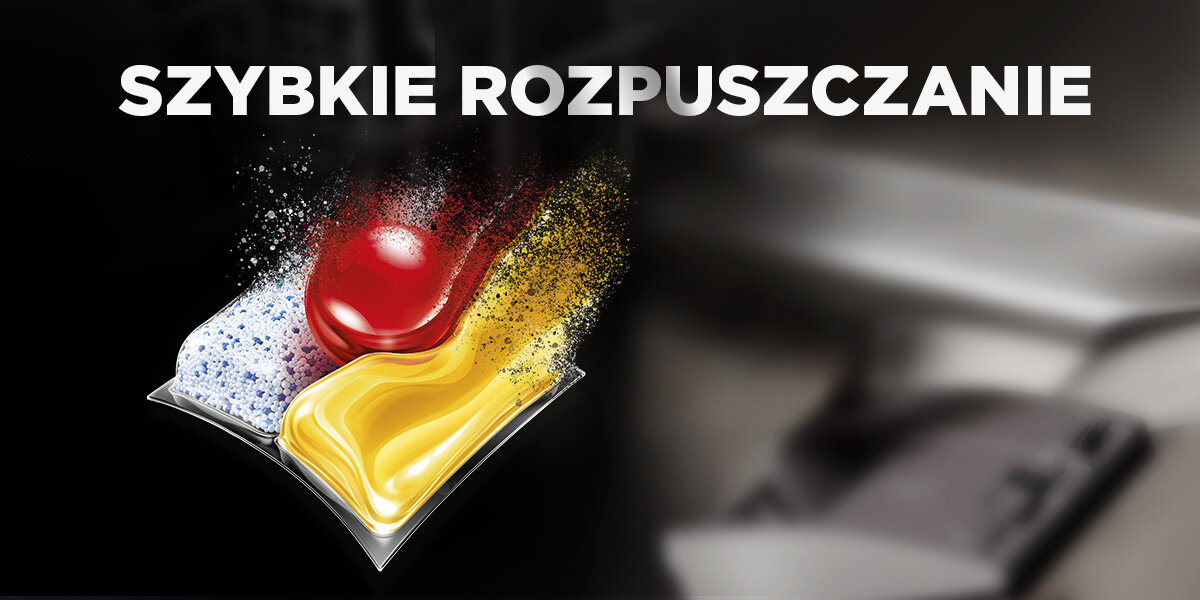 Kapsułki do zmywarek FINISH Powerball Ulimate All in 1 kapsułka w trakcie rozpuszczania podpisana szybkie rozpuszczanie
