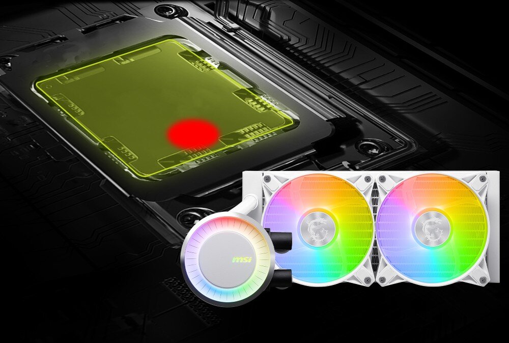 Chłodzenie wodne MSI MAG CoreLiquid E240 Na tle płyty głównej pokazany jest zaznaczony na czerwono obszar ciepła na procesorze. W dolnym rogu widoczny jest zestaw chłodzenia z podświetleniem RGB, procesory, TDP, przeznaczenie, kompatybilność