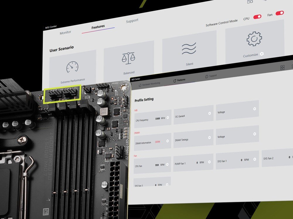 Chłodzenie wodne MSI MAG CoreLiquid E240 Fragment płyty głównej z podświetlonym na żółto złączem wentylatora. W tle widoczny jest interfejs programu z ustawieniami chłodzenia, zawierający profile pracy oraz szczegóły parametrów systemowych, aplikacja, funkcje, dostosowanie