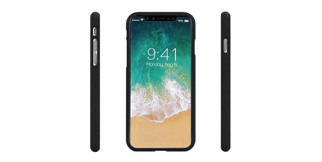 Obraz przedstawia czarny etui na telefon z widokiem na ekran, na którym wyświetlana jest godzina 9:41 i data Monday, Aug 5. Etui jest pokazane z przodu oraz z dwóch boków, prezentując przyciski boczne.
