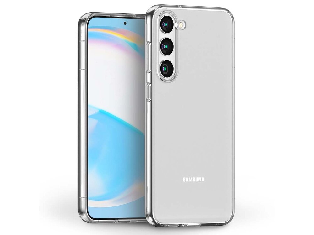 Na obrazie widoczne są dwa smartfony w przezroczystych etui, z widocznym logo \'SAMSUNG\'. Etui jest przezroczyste, ukazując tylną część telefonu z trzema obiektywami aparatu.