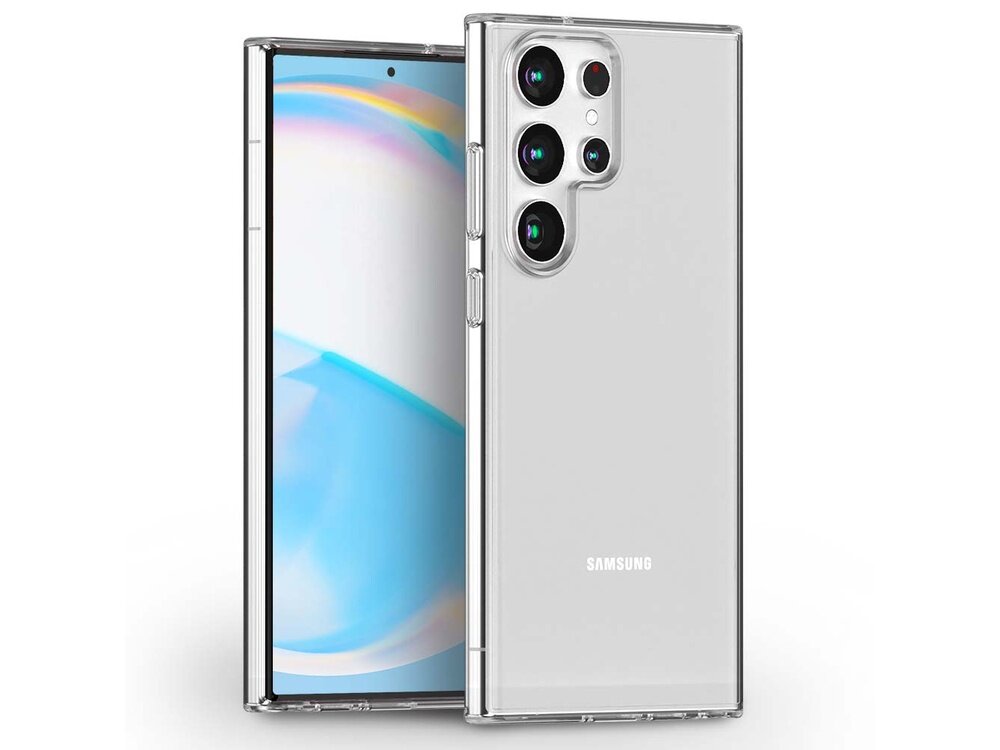 Przezroczyste etui na telefon z widocznym logo \'Samsung\', ukazujące tylną część urządzenia z trzema dużymi obiektywami aparatu. Obok znajduje się telefon z wyświetlaczem pokazującym kolorowy gradient.