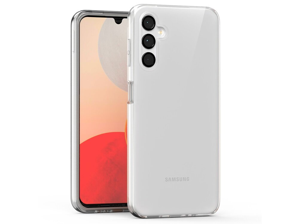 Przezroczyste etui na telefon z trzema widocznymi aparatami i logo \'Samsung\'.