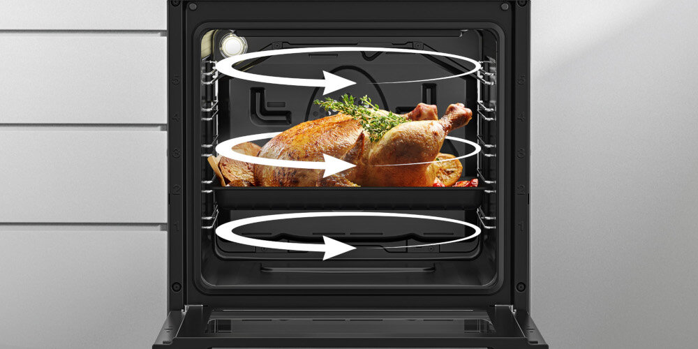 KUCHNIA BEKO FSM52339DXDS grzałki górna dolna wentylator równomierne rozprowadzanie ciepła pieczenie jednocześnie