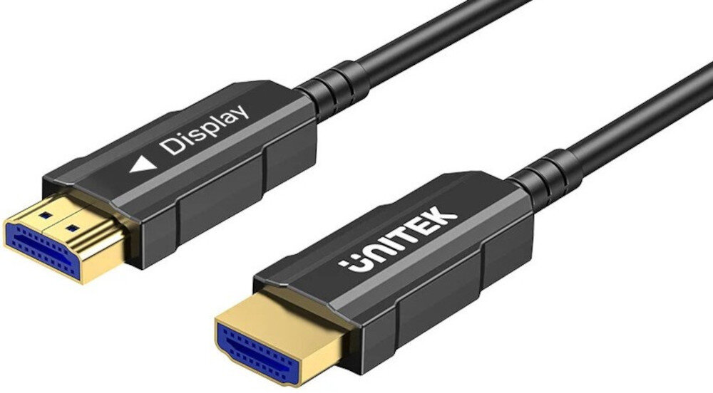 Kabel optyczny HDMI HDMI UNITEK 30 m 4K 60Hz 21:9 3D IMAX szeroki obraz, kabel po skosie na białym tle