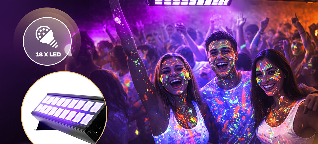 Belka LED MUSICMATE LBT54 UV NeonBeam 54W 18 diod LED UV równomierne pokrycie światłem duża sala, osoby bawiące się na imprezie