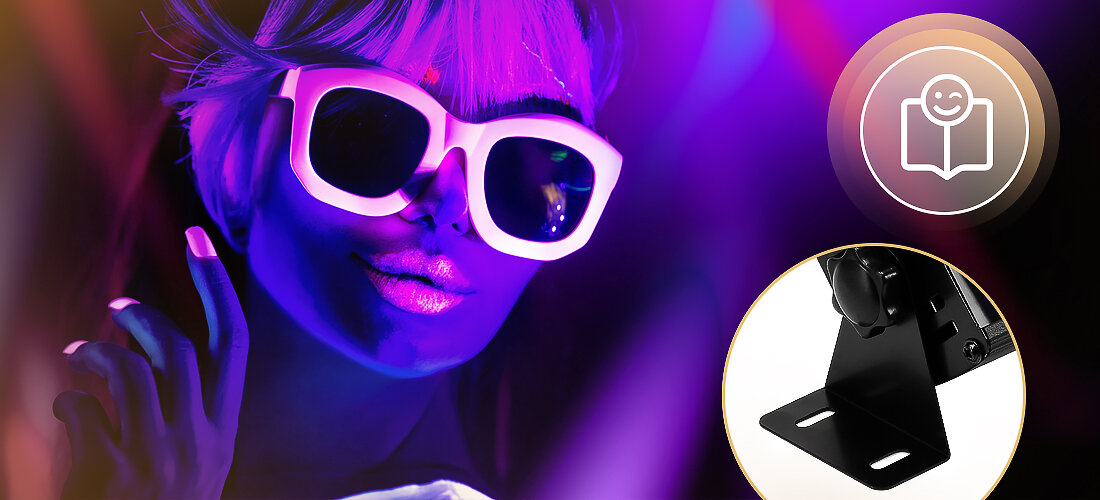 Belka LED MUSICMATE LBT54 UV NeonBeam uchwyty montażowe instalacja na statywie kratownicy mobilne zastosowanie, osoba z założonymi okularami