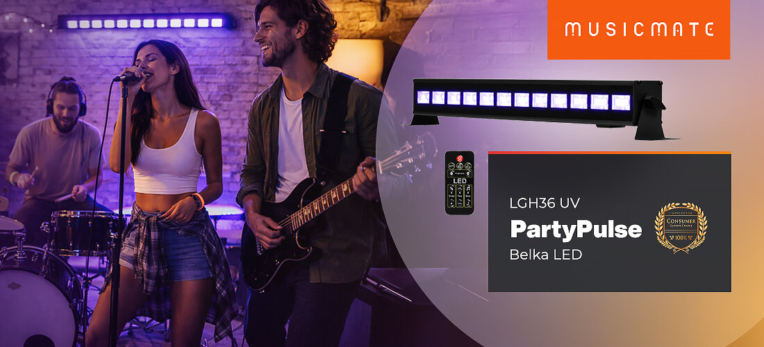 Belka LED MUSICMATE LGH36 UV PartyPulse światło ultrafioletowe 36W efekt UV na parkiet i scenę, osoby grające na scenie