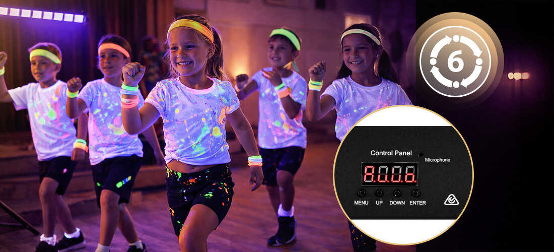 Belka LED MUSICMATE LGH36 UV PartyPulse 36W równomierne światło UV podkreślenie bieli i farb neonowych, dzieci bawiące się w rytm muzyki