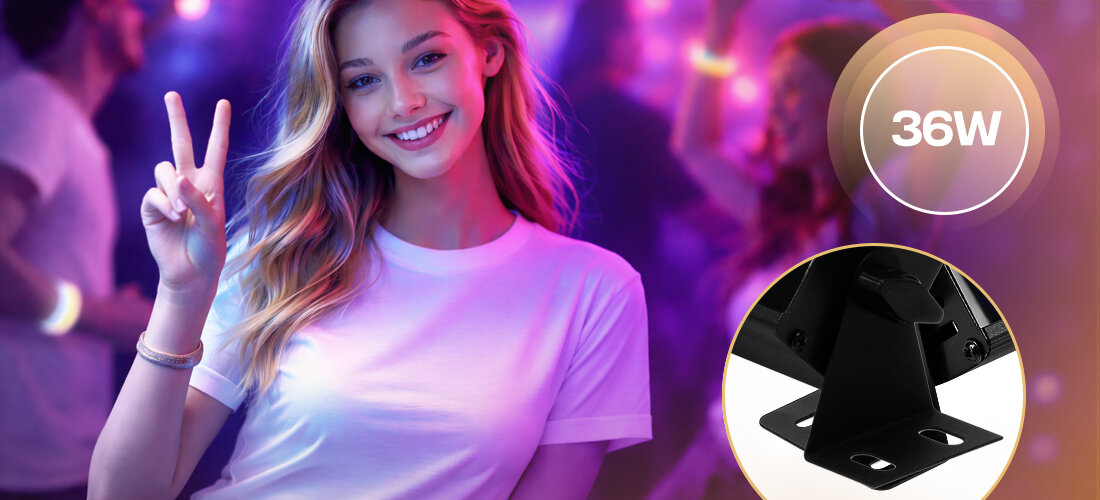 Belka LED MUSICMATE LGH36 UV PartyPulse pilot bezprzewodowy uchwyty montażowe instalacja mobilna, osoba ubrana w białą koszulkę pokazująca znak pokoju