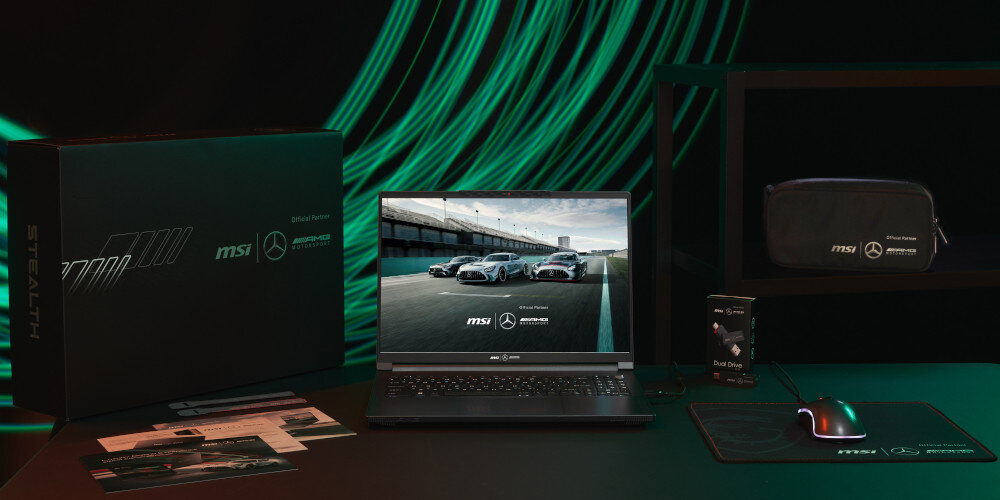 Laptop MSI Stealth Mercedes-AMG Motorsport A13VG zestaw bundle myszka podkładka