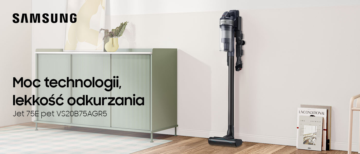 Odkurzacz Samsung VS20B75AGR5/GE seria 75 obok zielonej szafki w salonie