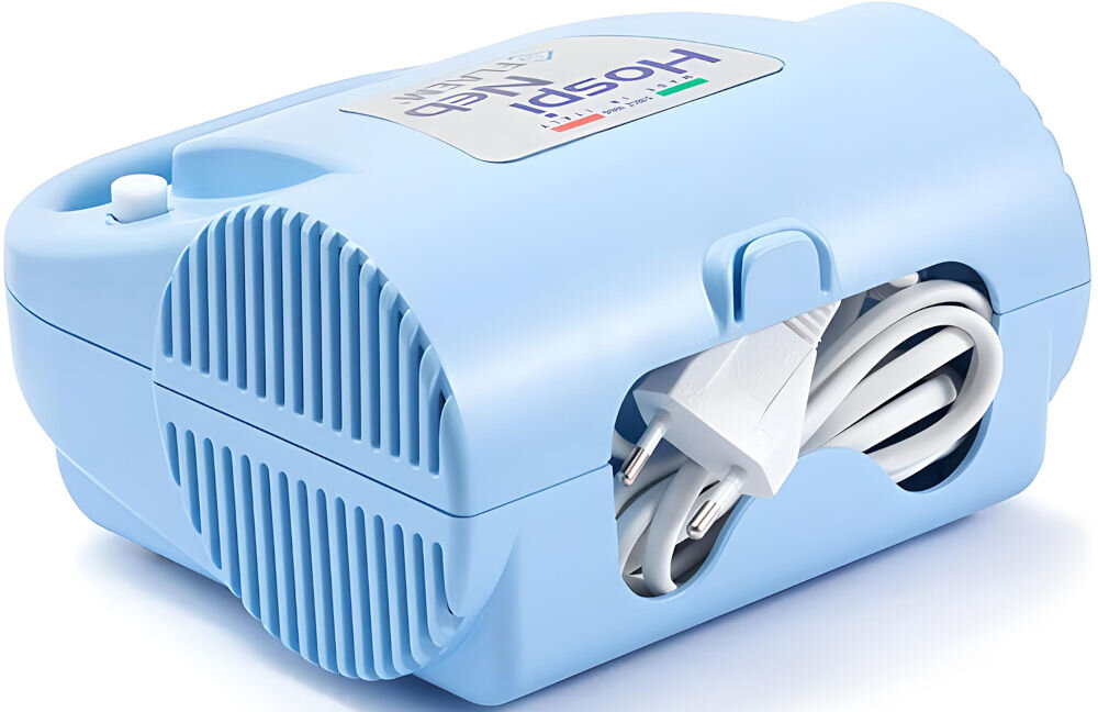 Inhalator nebulizator pneumatyczny FLAEM Hospineb Professional 0.54 ml/min niski poziom hałasu komfortowa terapia bez zakłóceń schowany przewód zasilający przenoszenie przestawianie mobilny ergonomiczny uchwyt łatwe w transporcie 