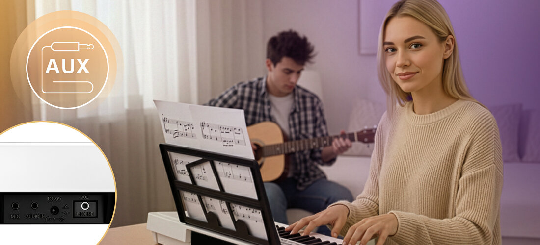 Keyboard MUSICMATE MM-01 KeyDeluxe 100 brzmień transpozycja aranżacje muzyczne, osoba grająca na keyboardzie, osoba trzymająca gitarę w rękach