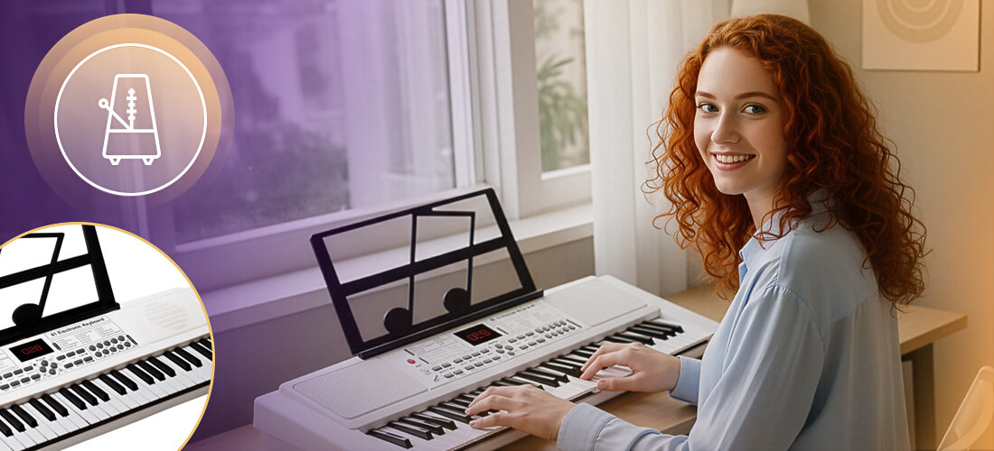 Keyboard MUSICMATE MM-01 KeyDeluxe metronom nagrywanie rytmy nauka tempa, osoba grająca na keybordzie w pomieszczeniu