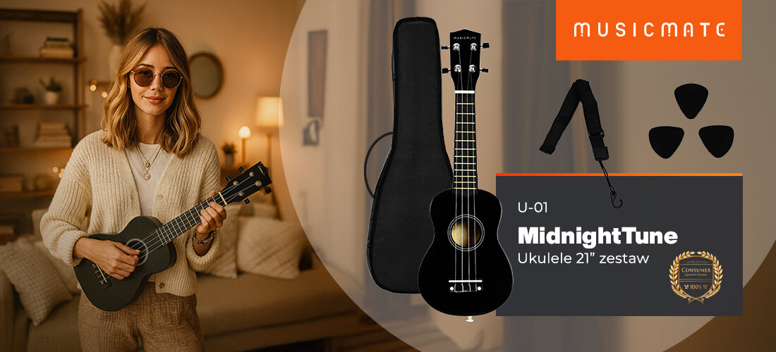 Ukulele MUSICMATE U-01 MidnightTune 21 cali kompaktowy instrument muzyczny z pokrowcem, osoba stojąca w pomieszczeniu z ukulele w ręku