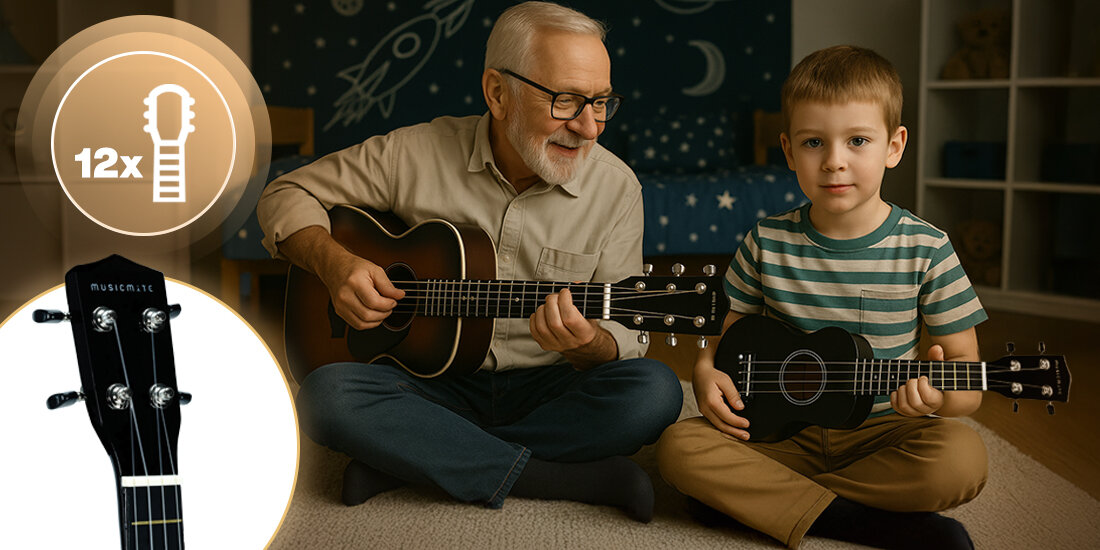 Ukulele MUSICMATE U-01 MidnightTune 21 cali drewniany korpus lipowy połyskujące wykończenie nylonowe struny, dziadek trzymający gitarę, dziecko trzymające ukulele w ręku, którzy siedzą po turecku