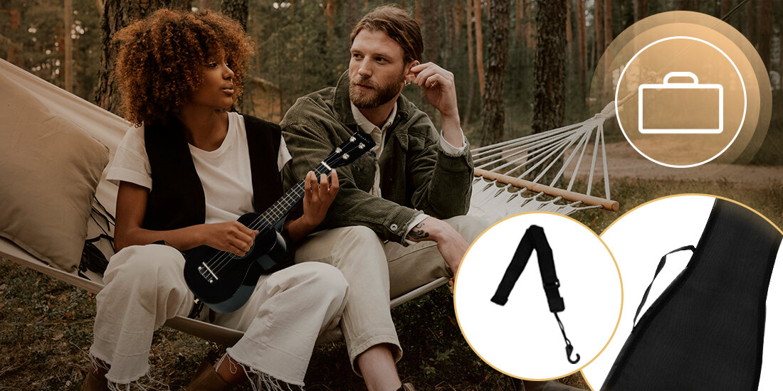 Ukulele MUSICMATE U-01 MidnightTune brzmienie lipowe drewno ciepły klarowny dźwięk folk hawajskie granie, osoby siedzące na hamaku z ukulele w ręku na łonie natury