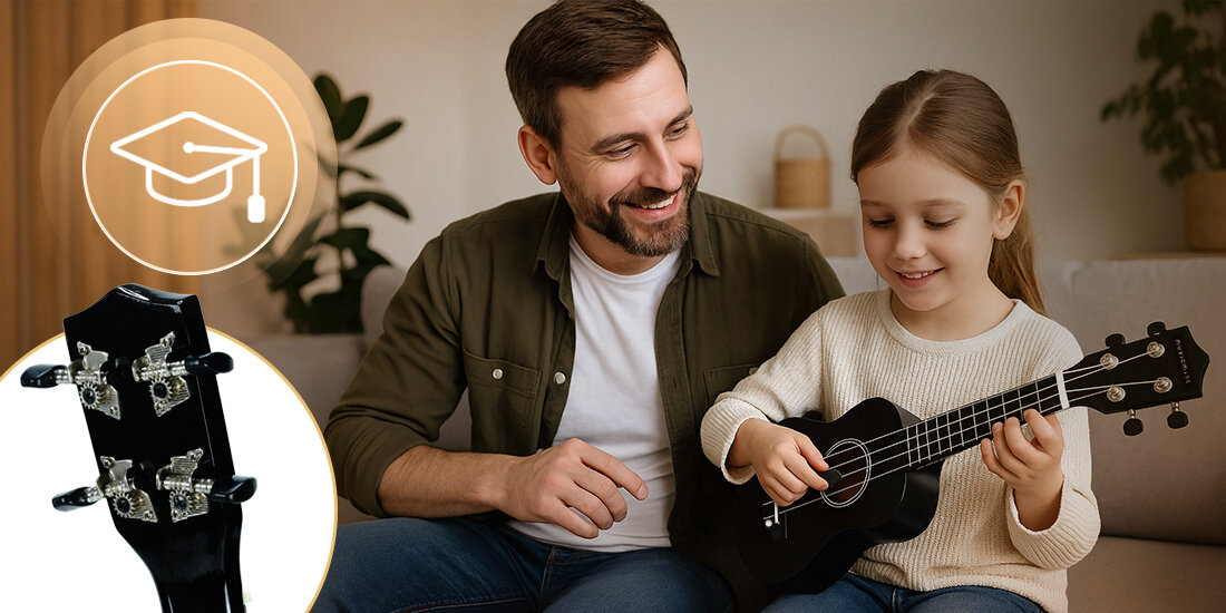 Ukulele MUSICMATE U-01 MidnightTune 12 progów nylonowe struny set-neck połyskujące wykończenie wytrzymałość, ojciec z córką siedżący na kanapie, córka trzymająca ukulele w rękach