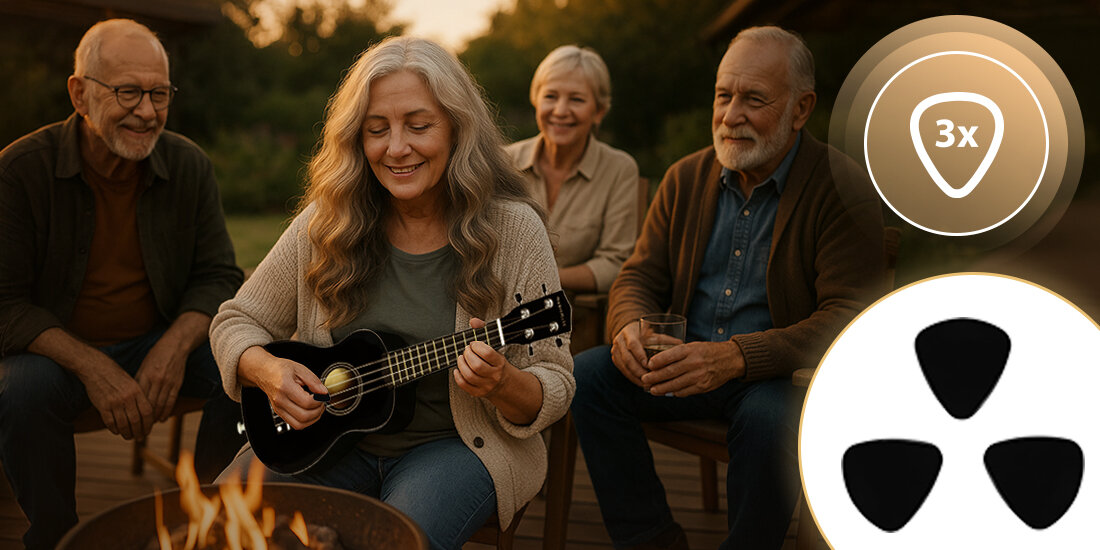 Ukulele MUSICMATE U-01 MidnightTune 21 cali lekkie mobilne z pokrowcem do gry w podróży i plenerze, osoby siedzące przy palenisku, jedna z nich trzymająca ukulele w ręku