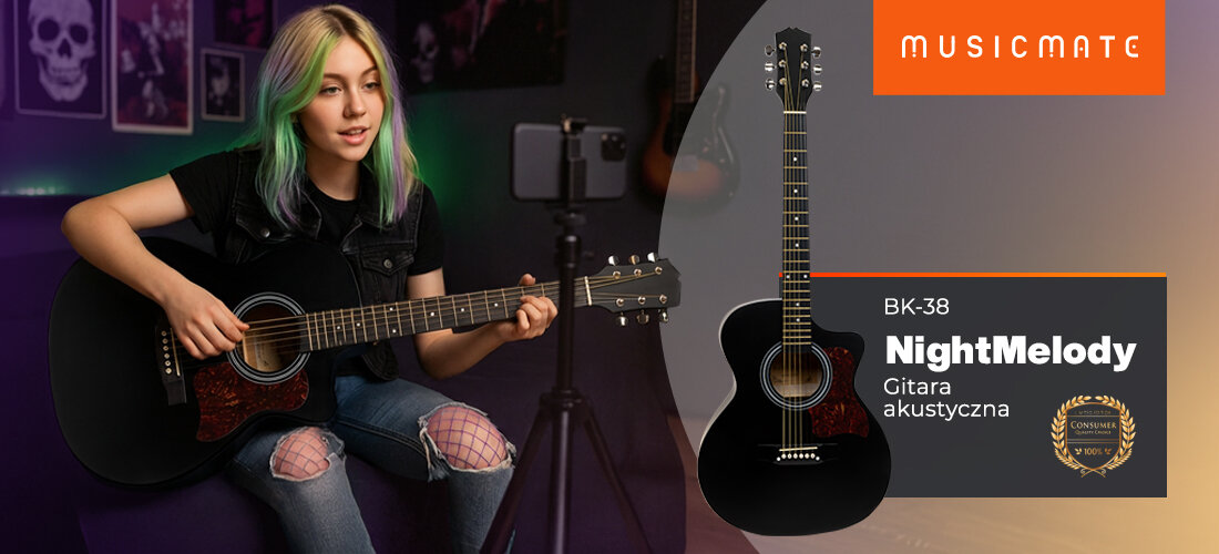 Gitara akustyczna MUSICMATE BK-38 czarna akustyczna 38 cali klasyczne drewniane brzmienie, osoba grająca na gitarze