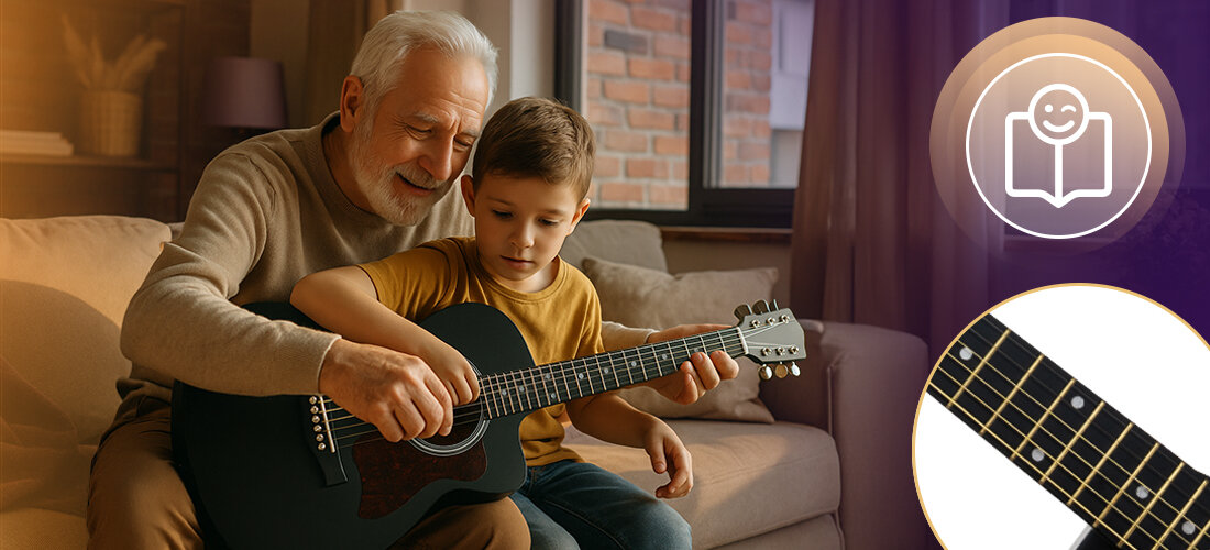 Gitara akustyczna MUSICMATE BK-38 korpus z lipy 38 cali ciepłe brzmienie komfort gry, dziadek uczący dziecko gry na gitarze