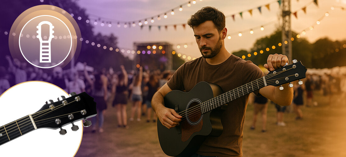 Gitara akustyczna MUSICMATE BK-38 gryf Okoume 20 progów ergonomia nauka gry, osoba z gitarą w rękach