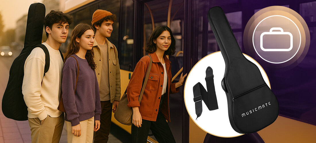 Gitara akustyczna MUSICMATE BK-38 metalowe klucze 6 metalowych strun stabilne strojenie, osoby wsiadające do autobusu, osoba z pokrowcem na plecach