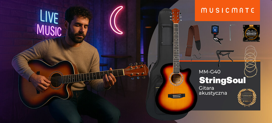 Gitara akustyczna MusicMate MM-G40 StringSoul ciepłe brzmienie wygoda gry, osoba trzymająca gitarę w ręku