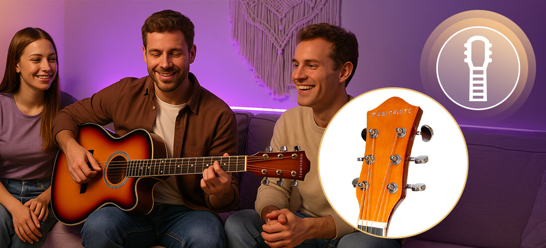 Gitara akustyczna MusicMate MM-G40 StringSoul drewno lipowe lekkie brzmienie komfort gry, osoba grająca na gitarze siedząca na kanapie