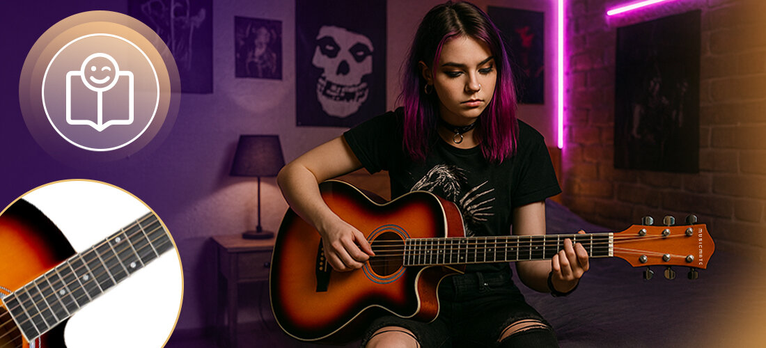 Gitara akustyczna MusicMate MM-G40 StringSoul set-neck wygodny gryf dot inlays, osoba grająca na gitarze