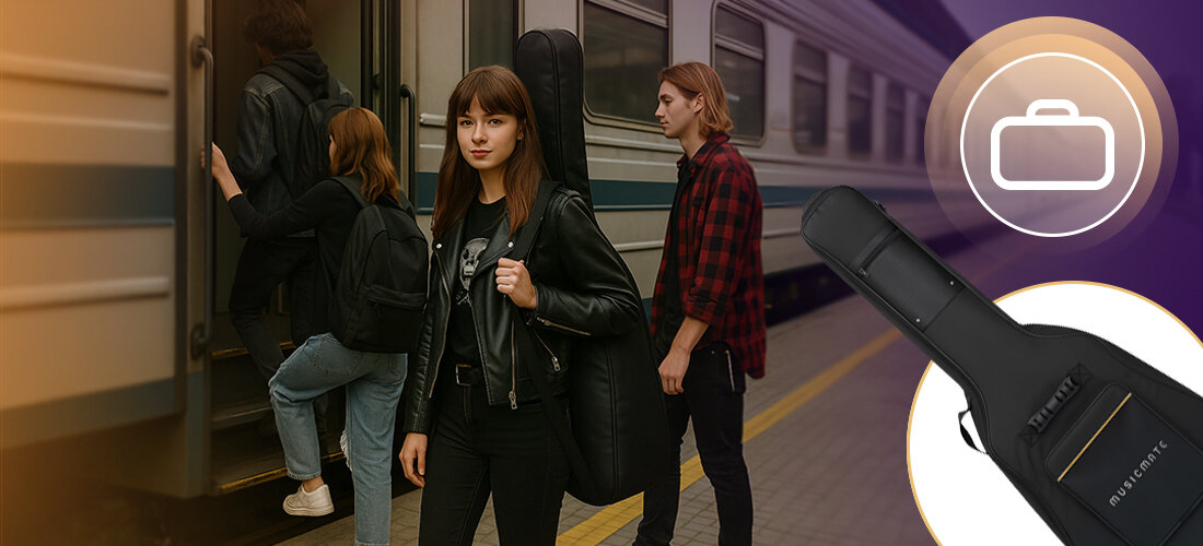 Gitara akustyczna MusicMate MM-G40 StringSoul metalowe klucze lakier połysk detale, osoba z gitara w pokrowcu wsiadająca do pociągu