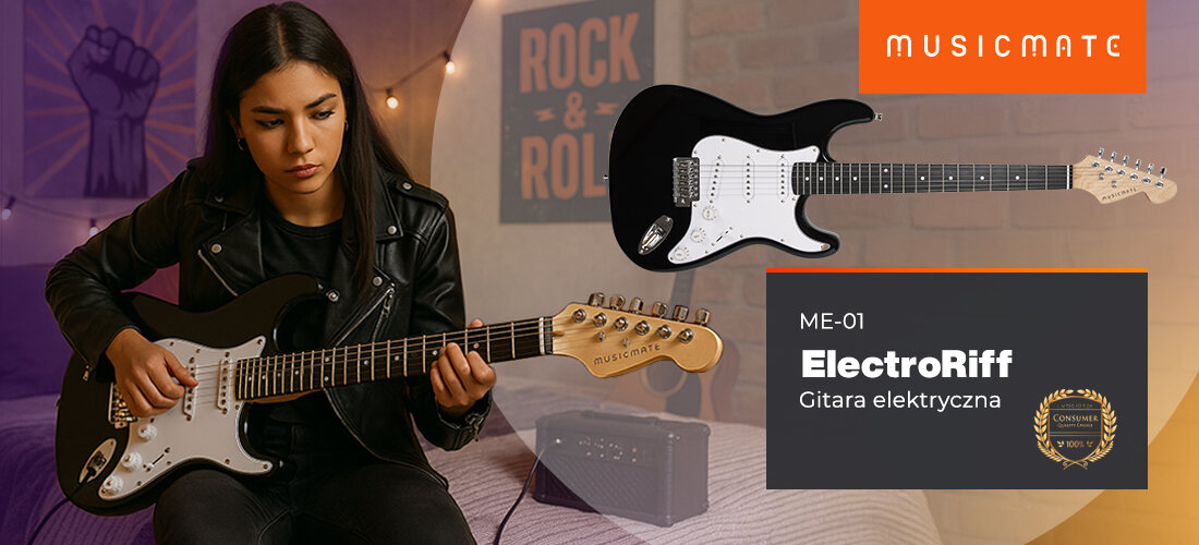 MUSICMATE ME-01 ElectroRiff gitara 39-calowa klonowy gryf single-coil komfort gry, osoba siedząca na łóżku i trzymająca w rękach gitarę