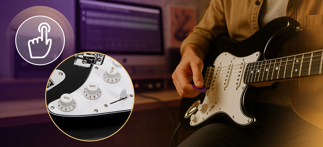 MUSICMATE ME-01 ElectroRiff gitara 39-calowa klonowy gryf single-coil regulacja głośności tonów, osoba trzymająca w rękach gitarę