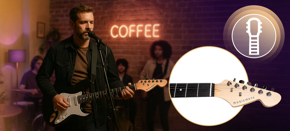 MUSICMATE ME-01 ElectroRiff gitara przetworniki single-coil 3-pozycyjny przełącznik regulacja tonów, osoba stojąca na scenie i trzymająca w rękach gitarę