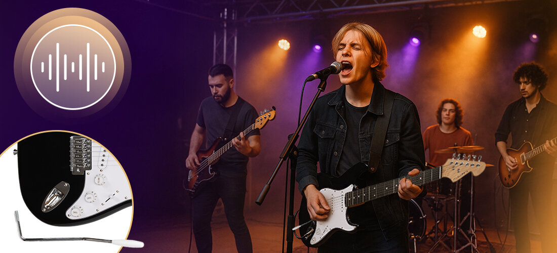 MUSICMATE ME-01 ElectroRiff gitara klonowy gryf bolt-on 22 progi dot inlays komfort gry, osoba stojąca na scenie wraz z kapelą i trzymająca w rękach gitarę