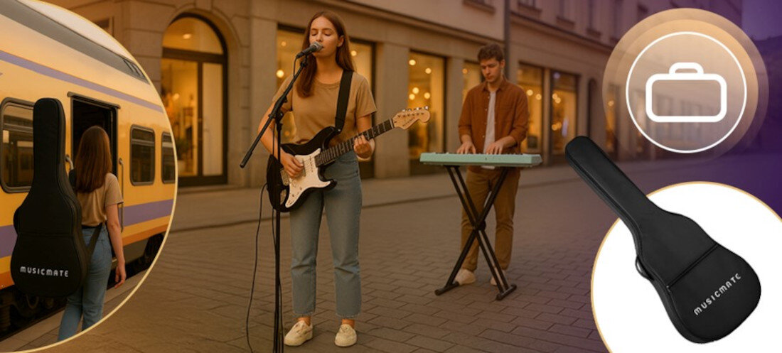 MUSICMATE ME-01 ElectroRiff gitara dźwignia vibrato metalowe klucze gniazdo Jack 6.3 mm, osoba stojąca na deptaku i trzymająca w rękach gitarę, osoba grająca na keyboardzie