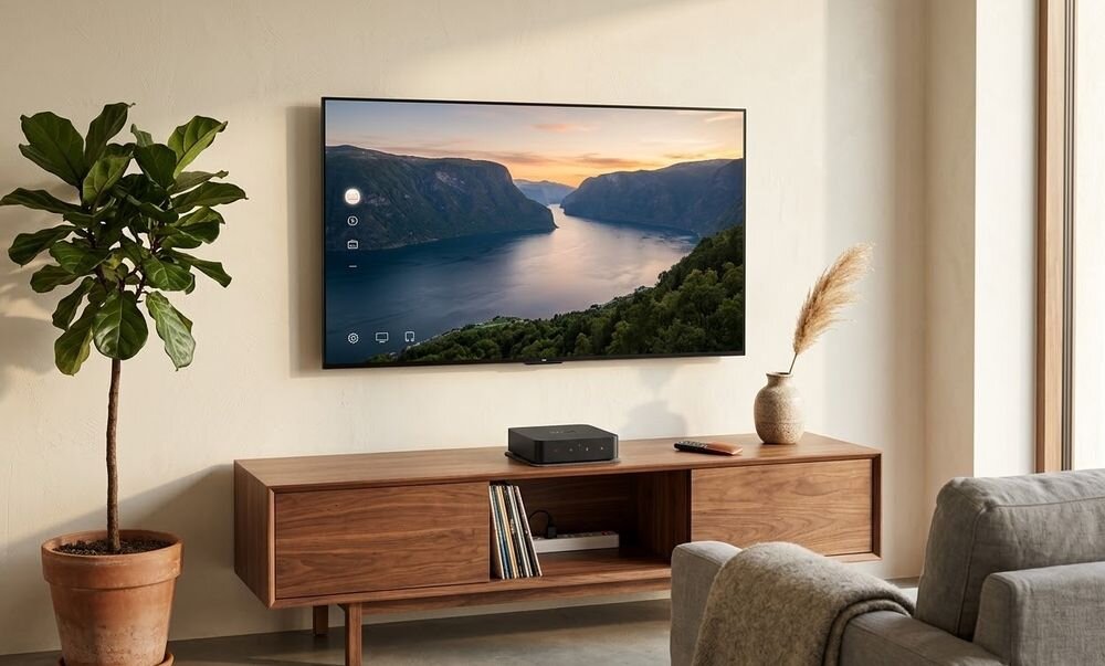 Streamer muzyczny WIIM Pro kontrola muzyki AirPlay Chromecast Spotify TIDA, odtwarzacz stojący na komodzie w pomieszczeniu