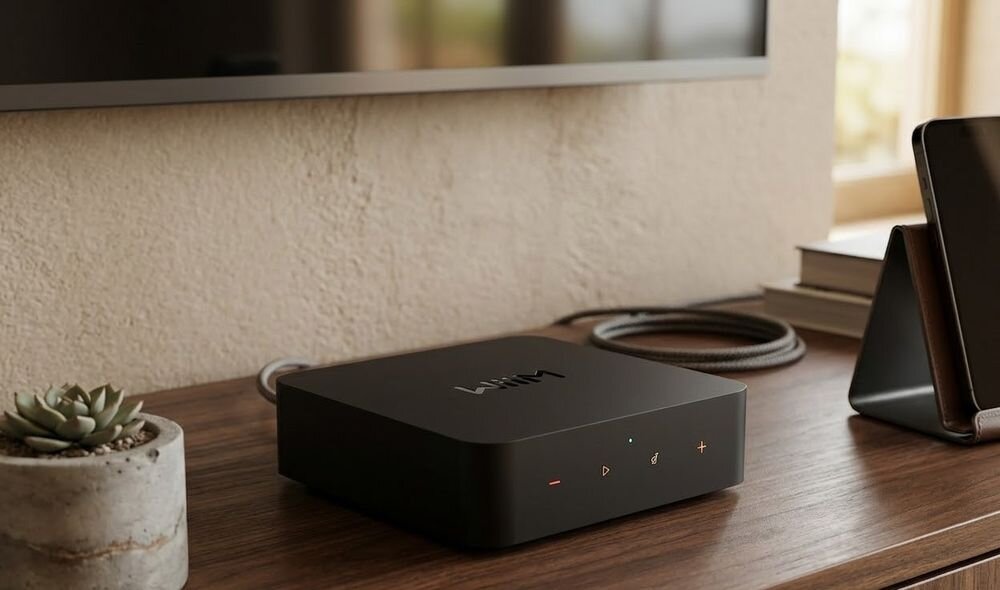 Streamer muzyczny WIIM Pro AirPlay 2 Chromecast Siri sterowanie głosowe, odtwarzacz stojący na komodzie w pomieszczeniu