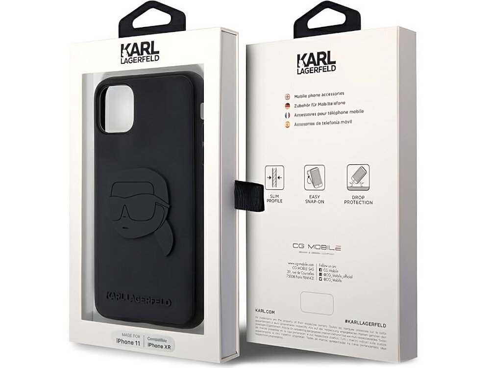 Etui KARL LAGERFELD Rubber Karl Head 3D do Apple iPhone 11/Xr Czarny dopasowanie przeznaczenie kompatybilność wycięcia