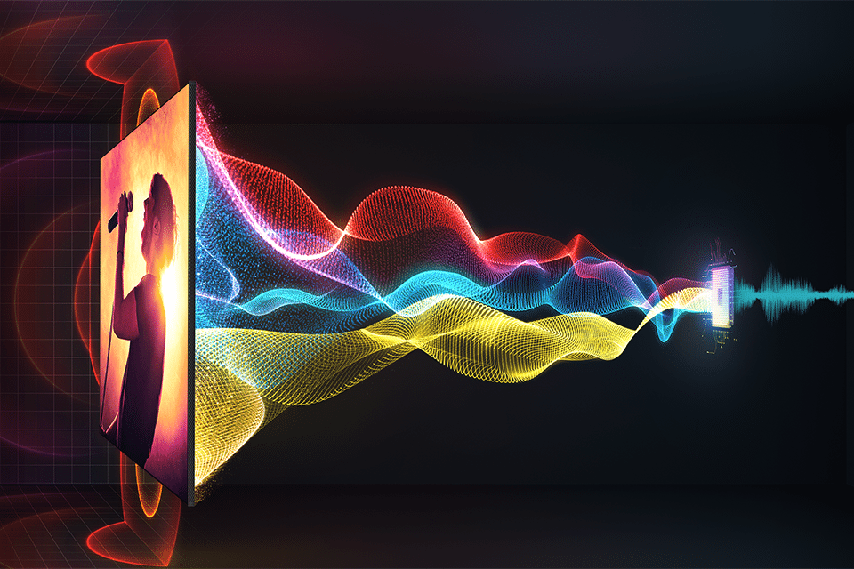 Grafika ilustruje funkcję adaptacji dźwięku dostępną w telewizorze Crystal UHD Grafika ilustruje funkcję adaptacji dźwięku dostępną w telewizorze Crystal UHD