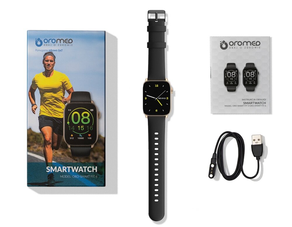 Smartwatch OROMED Oro-Smart Fit 6 ekran bateria czujniki zdrowie sport pasek ładowanie pojemność rozdzielczość łączność sterowanie krew puls rozmowy smartfon aplikacja